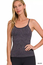 Black zenana stone washed ribbed seamless cami tank top with thin straps and subtle striped texture