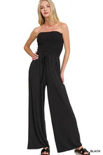 Zenana strapless jumpsuit with smocked bodice and wide-leg palazzo pants