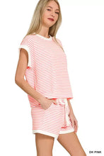 Zenana stripe contrast trim top and shorts set in pink