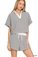 Zenana striped collared top, black white v-neck short sleeve
