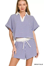 Zenana striped collared top, bright blue white cropped polo back