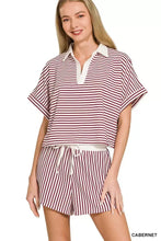 Zenana striped collared top in maroon and white stripes with white collar