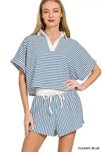 Zenana striped collared top and shorts set in blue and white