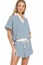 Zenana striped collared top, blue white short-sleeved