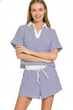 Zenana striped collared top with blue white vertical stripes white collar