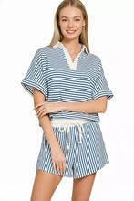 Zenana striped collared top in blue and white stripes with cream collar