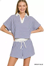 Zenana striped collared top in bright blue and white stripes