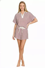 Zenana striped collared top & shorts set in pink-white stripes