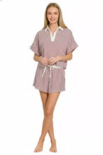 Zenana striped collared top and shorts set in red white stripes