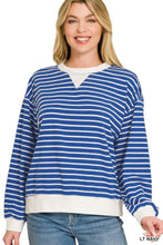 Zenana striped rib banded sweatshirt is a blue and white striped long-sleeved cotton top with cream crew neck and cuffs
