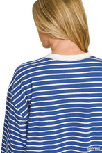 Zenana striped rib banded sweatshirt in blue and white with long sleeves and ribbed crew neck detail