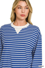 Zenana striped rib banded sweatshirt featuring blue and white stripes with a cream ribbed crew neckline