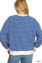 Zenana striped rib banded sweatshirt in blue and white stripes with cream ribbed crew neck cuffs and hem