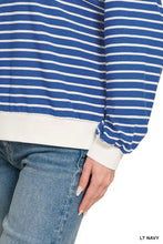 Zenana striped rib banded sweatshirt with blue and white horizontal stripes and cream ribbed hem and cuffs