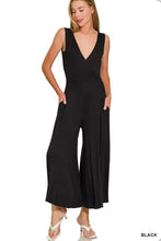 Zenana surplice neckline sleeveless jumpsuit in black wide-leg design