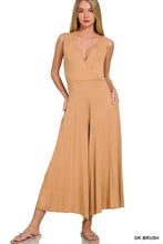Zenana surplice neckline sleeveless jumpsuit in beige with wide-leg pants