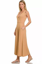 Zenana surplice neckline sleeveless jumpsuit in beige wrap style
