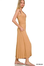 Zenana surplice neckline sleeveless jumpsuit in tan maxi style
