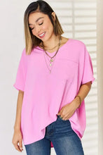 Zenana texture short sleeve blouse in relaxed fit pink V-neck