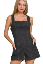 Zenana Tie Back Romper black denim jumpsuit with contrast stitching square neckline