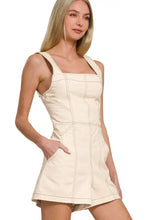 Zenana Tie Back Romper in neutral cream tone with square neckline, contrast stitching