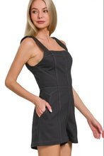 Zenana Tie Back Romper in black denim with contrast stitching