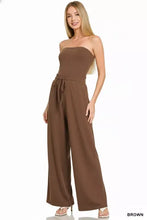 Zenana tube jumpsuit with drawstring waist in brown strapless style
