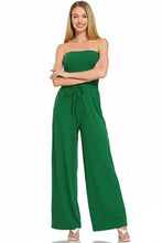 Zenana dark green strapless jumpsuit with drawstring waist