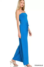 Zenana tube ocean blue strapless jumpsuit with drawstring waist