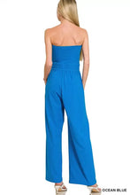 Zenana tube ocean blue strapless jumpsuit with drawstring waist