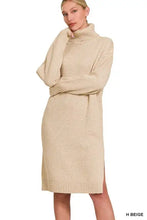 Zenana turtle neck long sleeve midi sweater dress in beige with ribbed cuffs