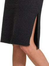 Zenana turtle neck long sleeve sweater dress with dark gray knit midi skirt ribbed hem and side slit