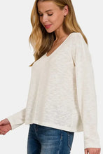 Zenana V-Neck Dropped Shoulder Long Sleeve T-Shirt in Off-White