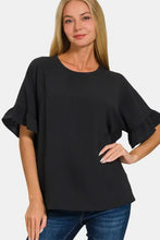 Zenana v-neck flutter sleeve top in black with ruffles
