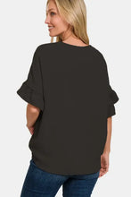 Zenana V-Neck Flutter Sleeve Top in dark gray with ruffled cuffs
