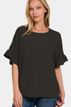 Zenana V-Neck Flutter Sleeve Top in dark gray with ruffled cuffs