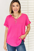 Zenana fuchsia V-neck short sleeve T-shirt with rolled cuffs