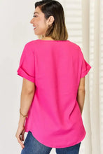 Zenana V-Neck Rolled Short Sleeve T-Shirt in hot pink with cuffed sleeves
