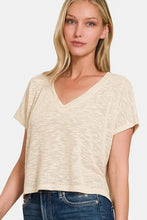 Zenana V-Neck Short Crop T-Shirt in cream top and blue jeans for comfortable fit