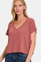 Zenana short sleeve crop t-shirt in faded brick red V-neck