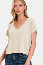 Zenana beige V-neck short sleeve crop t-shirt in comfortable fit