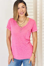 Zenana hot pink v-neck short sleeve slit t-shirt with pocket