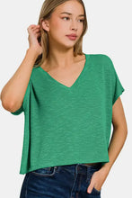 Zenana v-neck short sleeve t-shirt in heather green with comfortable fit