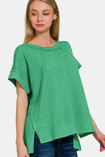 Zenana waffle exposed-seam short sleeve green knit top for women