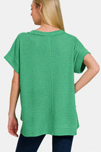 Zenana waffle exposed-seam short sleeve green knit top for women