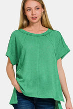 Zenana waffle exposed-seam short sleeve green knit top for women