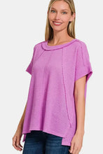 Zenana waffle exposed-seam short sleeve purple tunic top