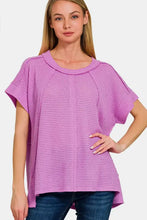 Zenana waffle exposed-seam short sleeve purple tunic top