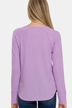Zenana waffle long sleeve t-shirt in purple with rounded hem