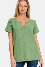 Zenana waffle notched short sleeve t-shirt in green waffle knit top